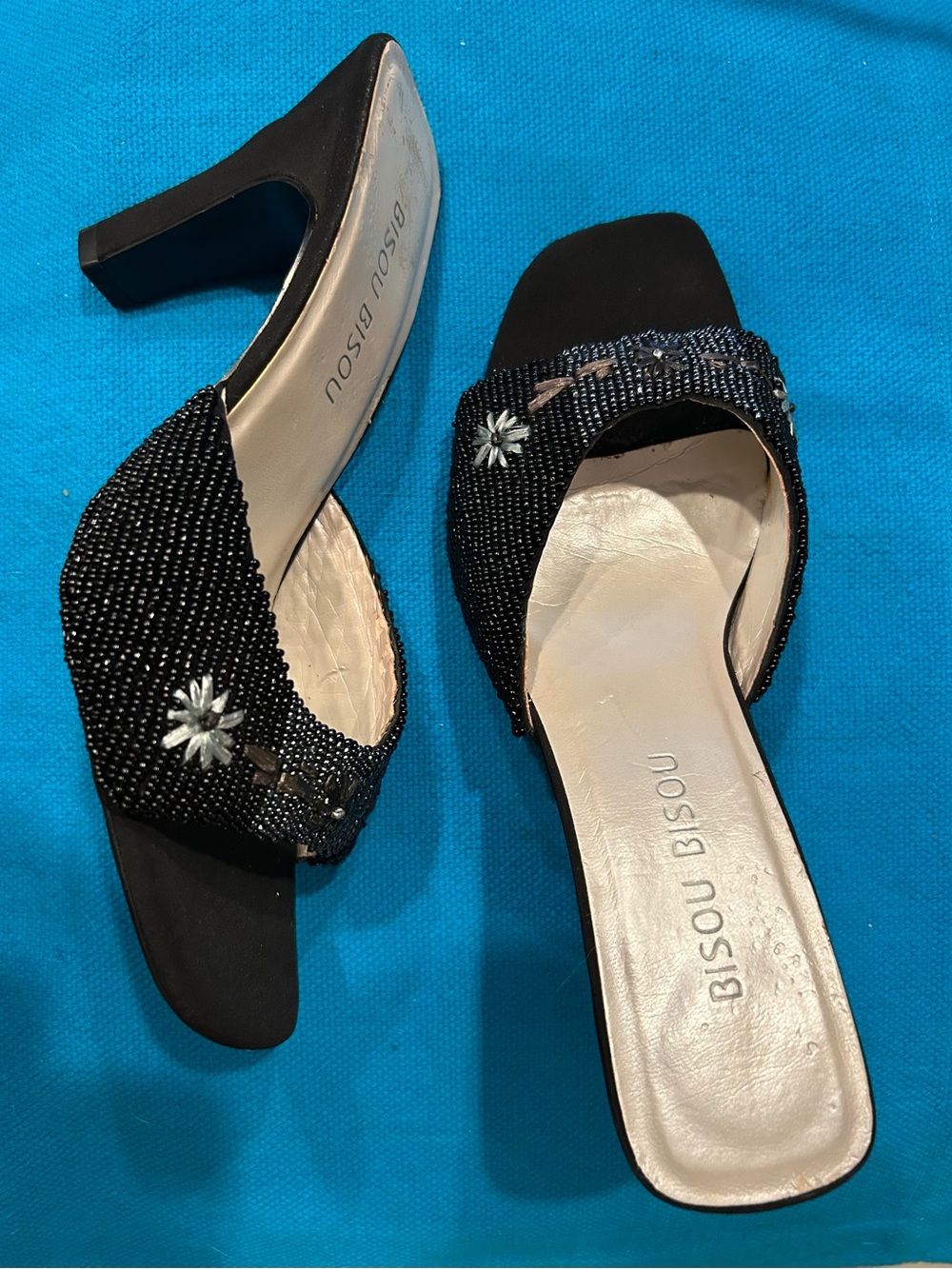 VTG Y2K Bisou Bisou Black Beaded Square Toe Mules Heels NEW Size 8